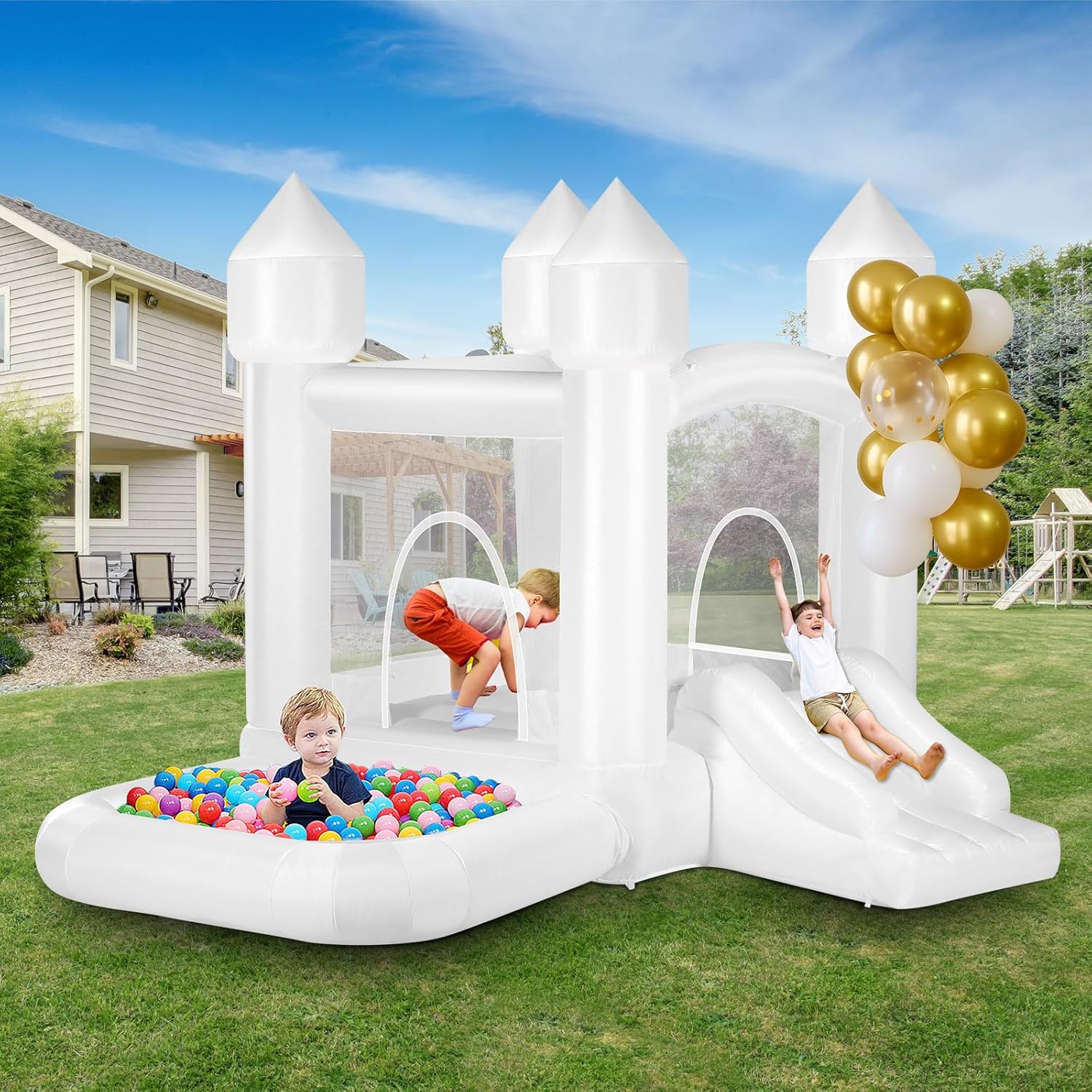 Kids Outdoor Jump House - Kids White Bounce House with Ball