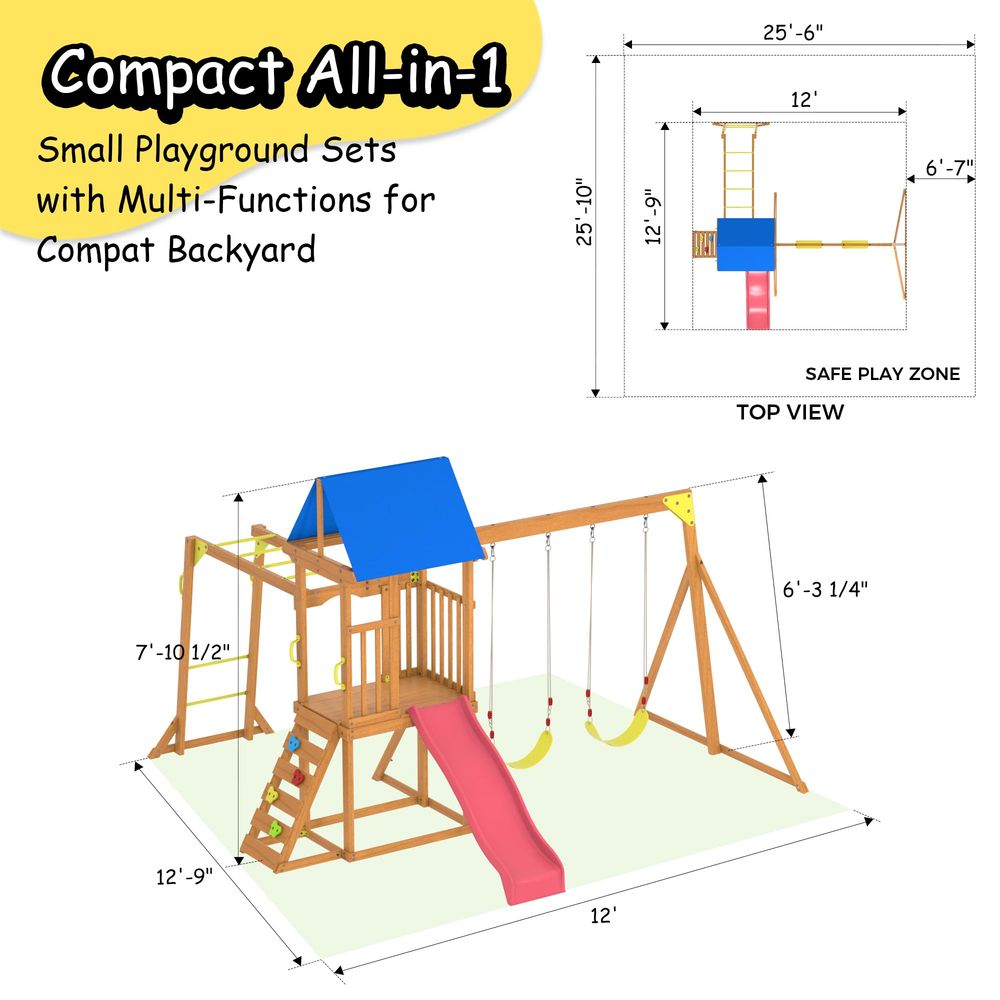 Kids Outdoor Monkey Bar Set - Wooden Swing Sets for Backyard, Kids
