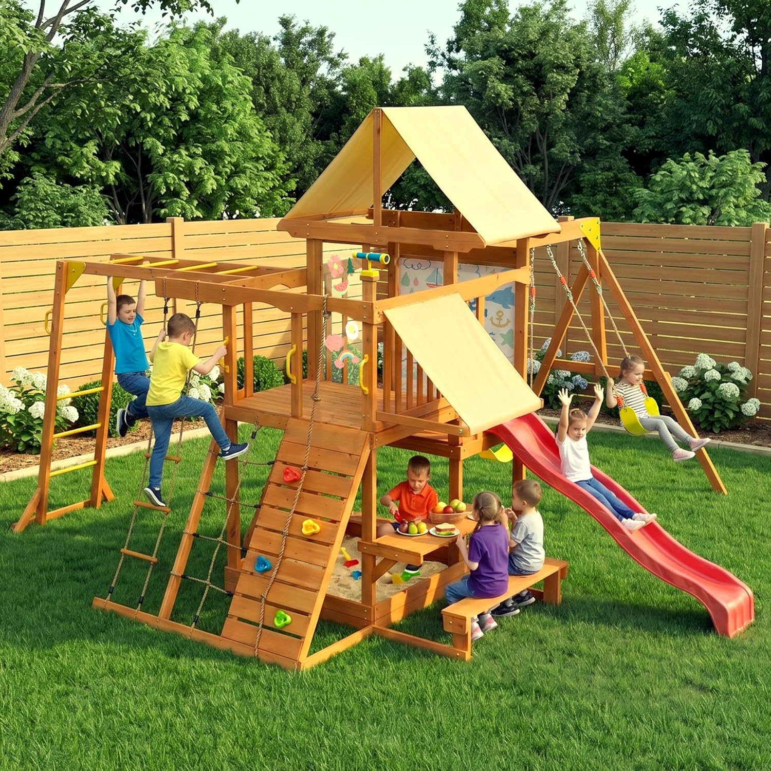 Kids Outdoor Monkey Bar Set - Wooden Swing Sets for Backyard, Kids