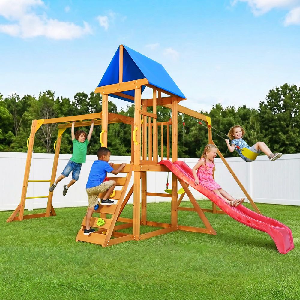 Kids Outdoor Monkey Bar Set - Wooden Swing Sets for Backyard, Kids