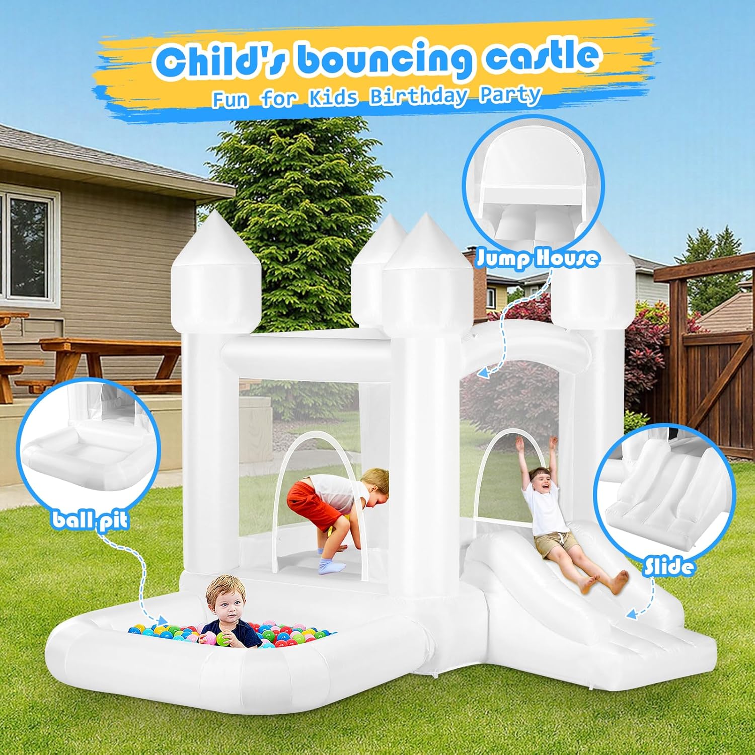 Kids White Bounce House with B - Kids Outdoor Jump House recensione e prezzo