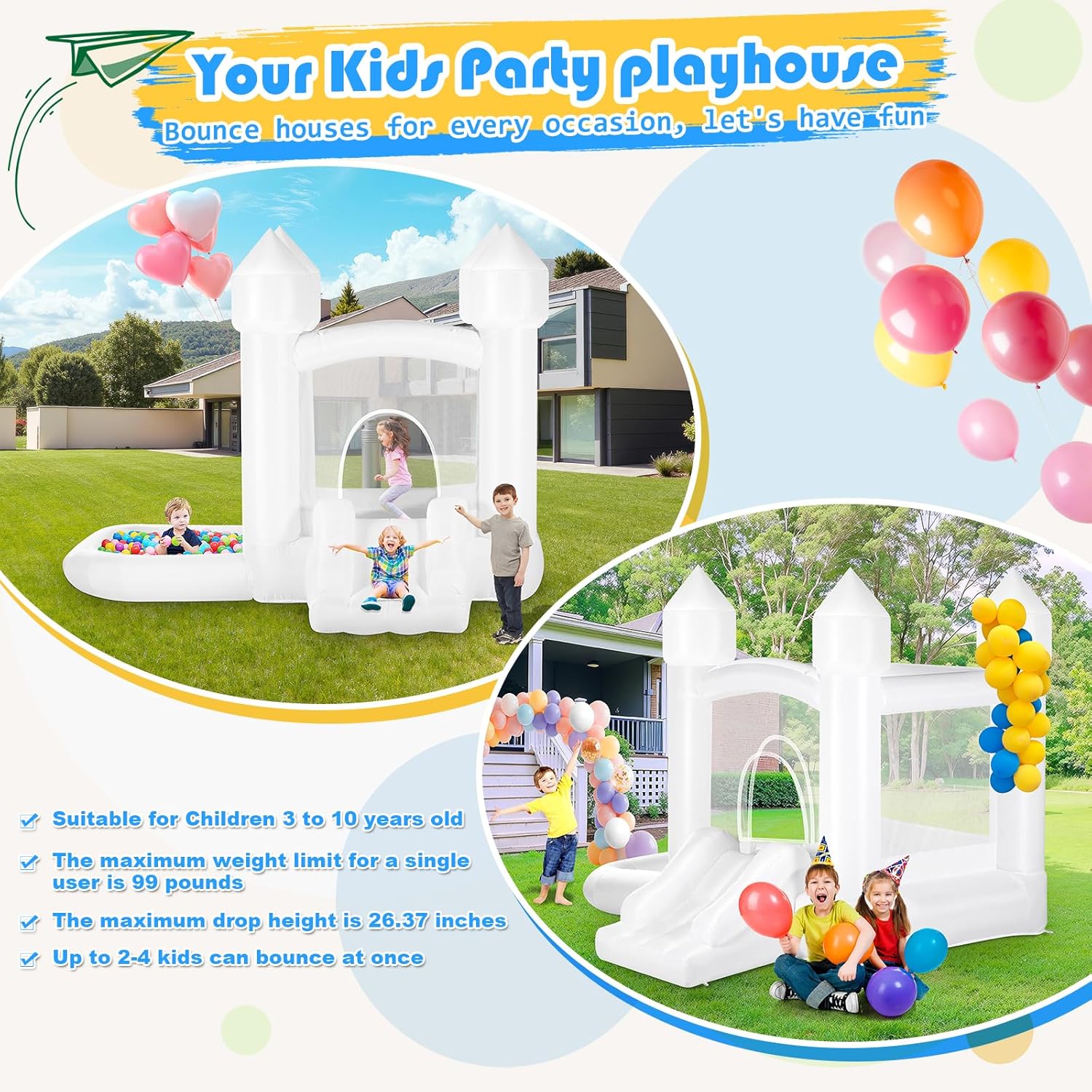 Kids White Bounce House with B - Kids Outdoor Jump House recensione e prezzo